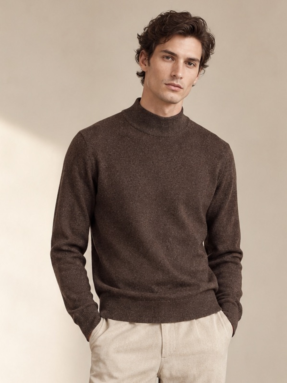 BLACK BROWN 1826 Wool Mock Neck Sweater Chocolate Brown Minimalist Sz L